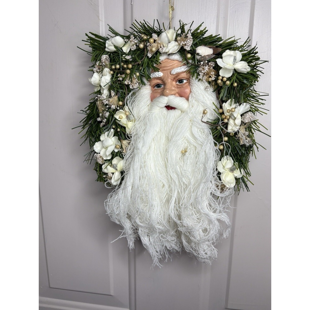 Vintage Santa Face Christmas Wreath Magnolia Flowers Pine Porcelain